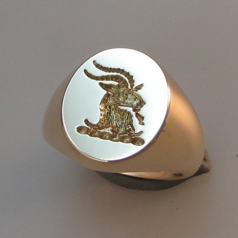 Goats head crest engraved signet ring