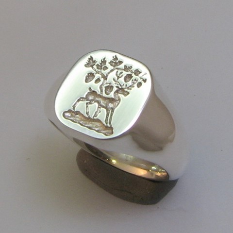 Stag crest engraved silver signet ring